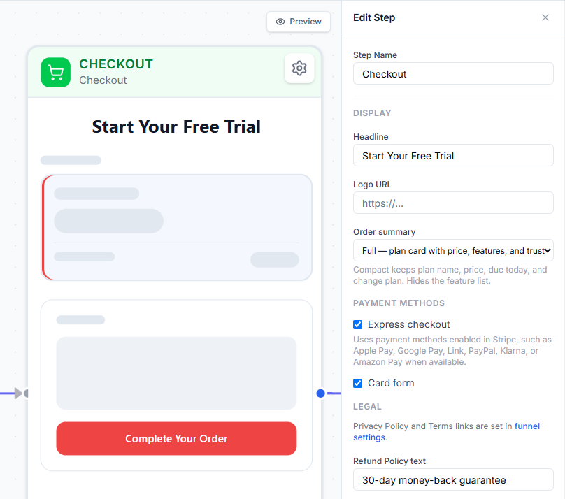Stripe checkout step configuration