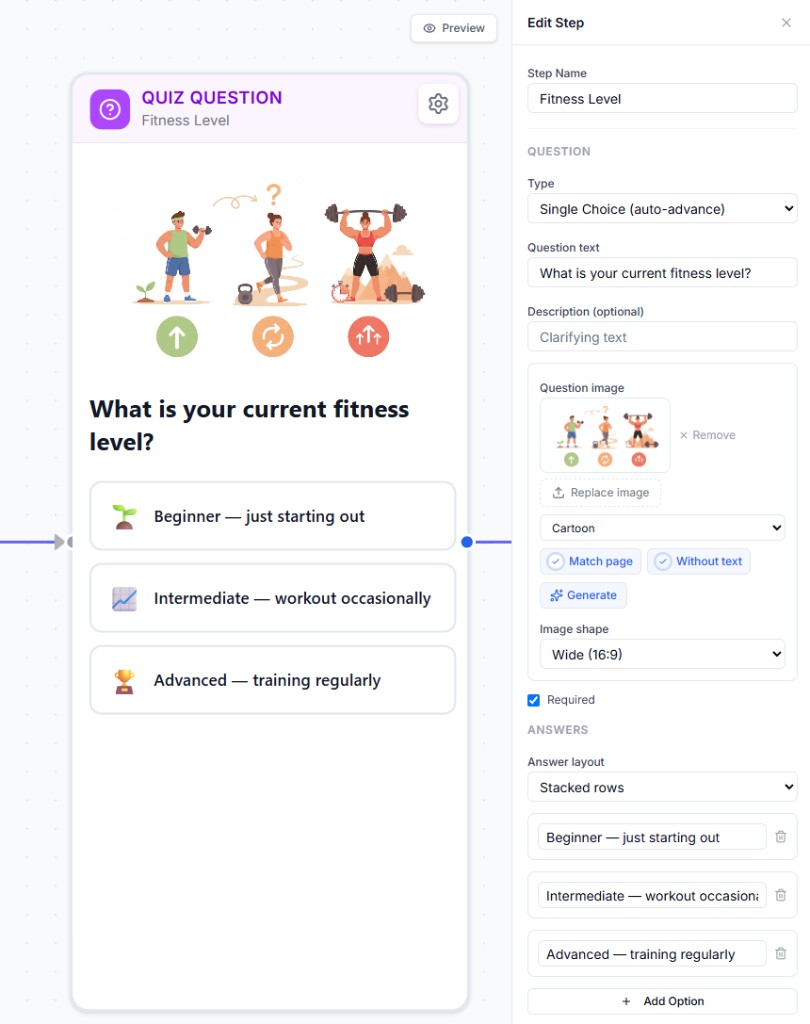 Quiz step editor with branching rules